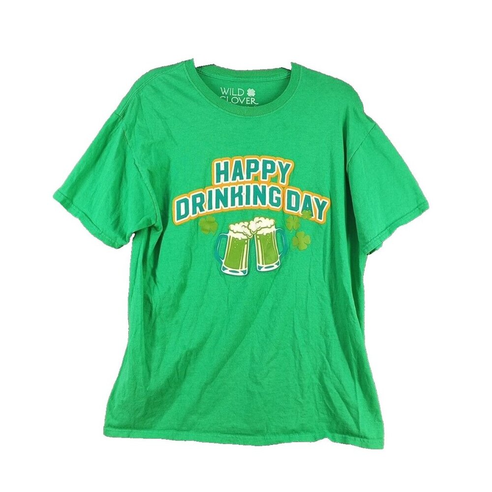 WILD CLOVER St. Patrick T-shirt Size LARGE "Happy Drinking Day" Green Cotton